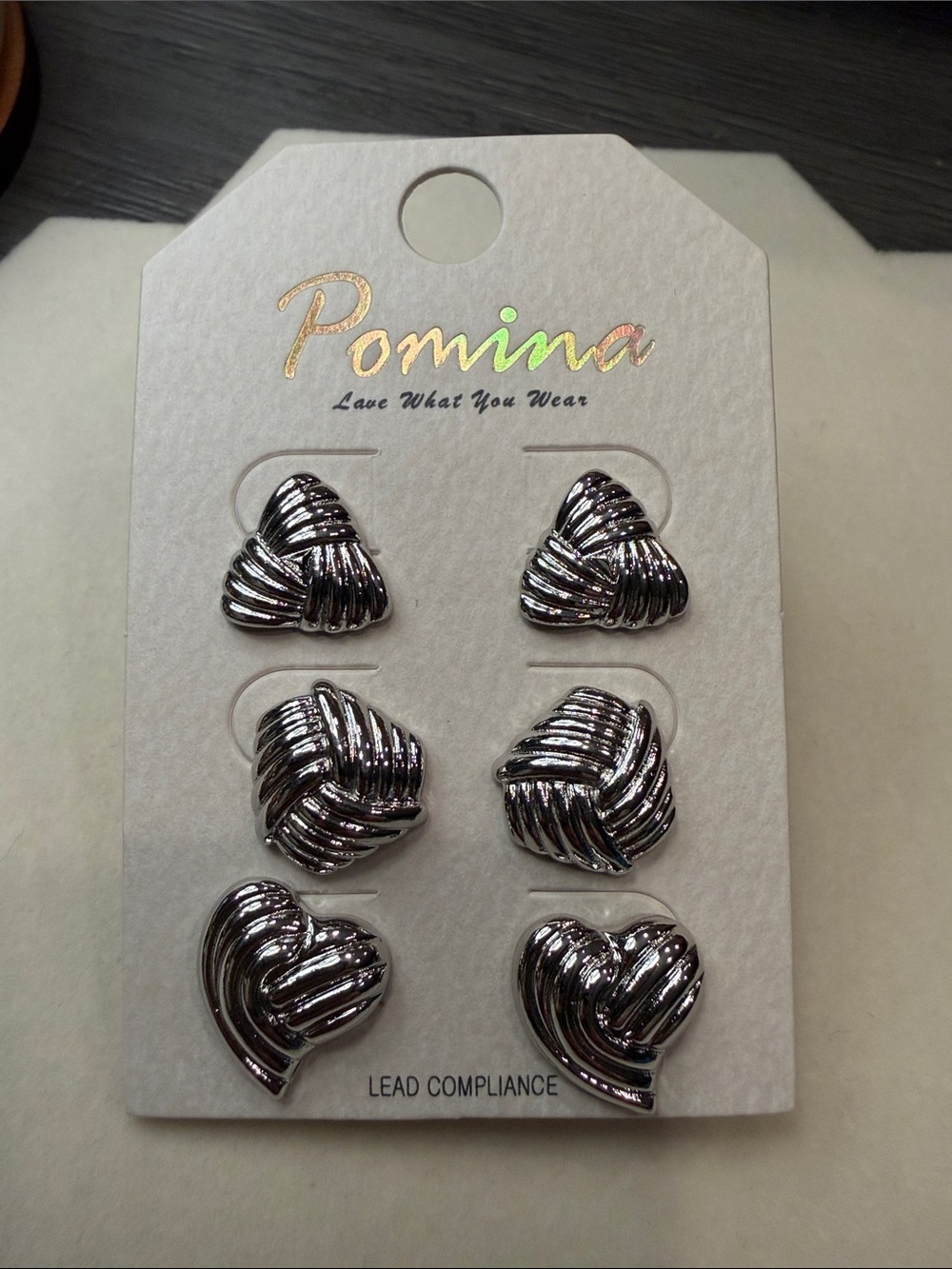 Pomina Silver-Tone 3-Pair Knot & Heart Earring Set